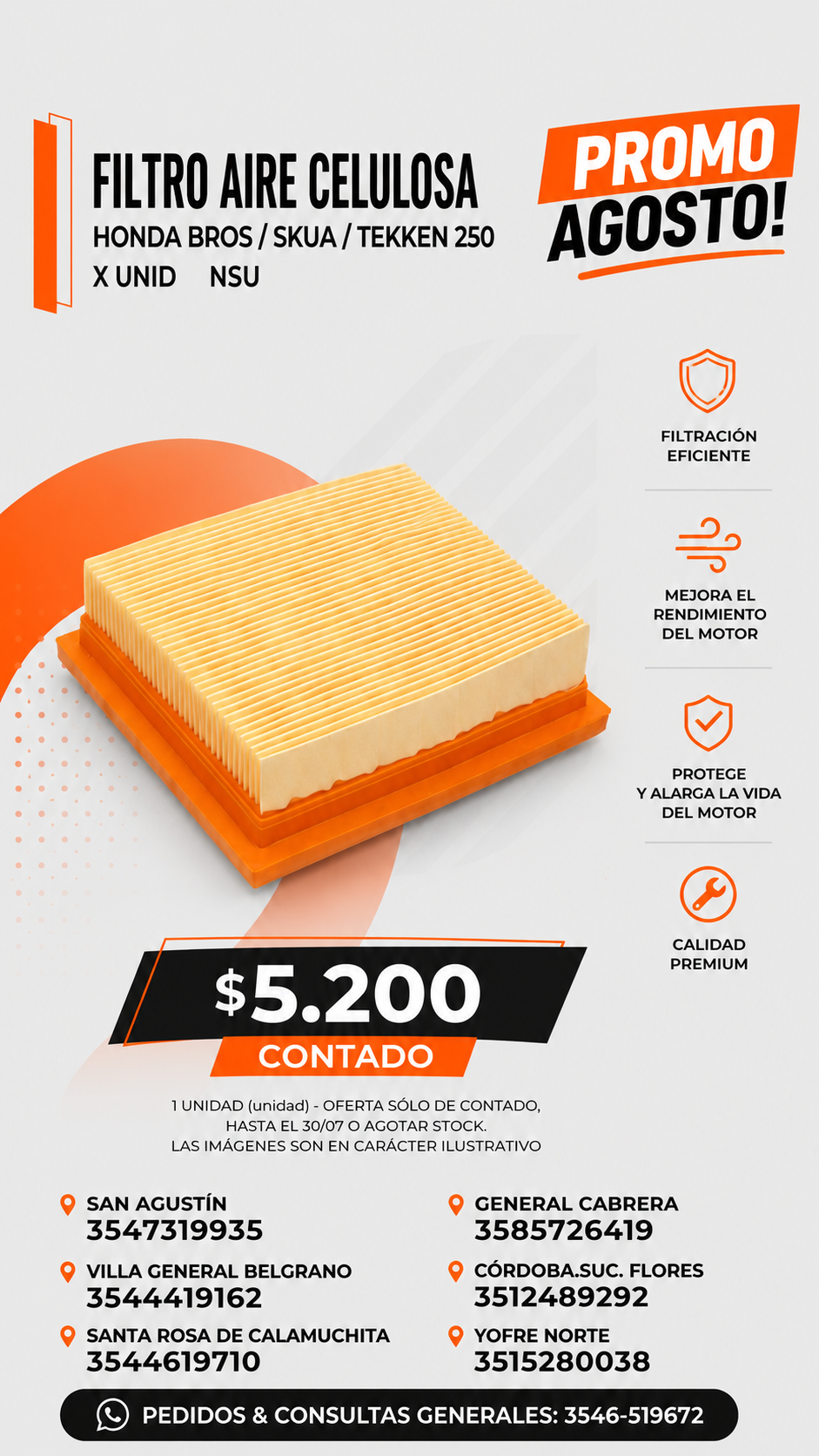 FILTRO AIRE CELULOSA SKUA BROS TEKEN 250 PROMO JULIO! $5200